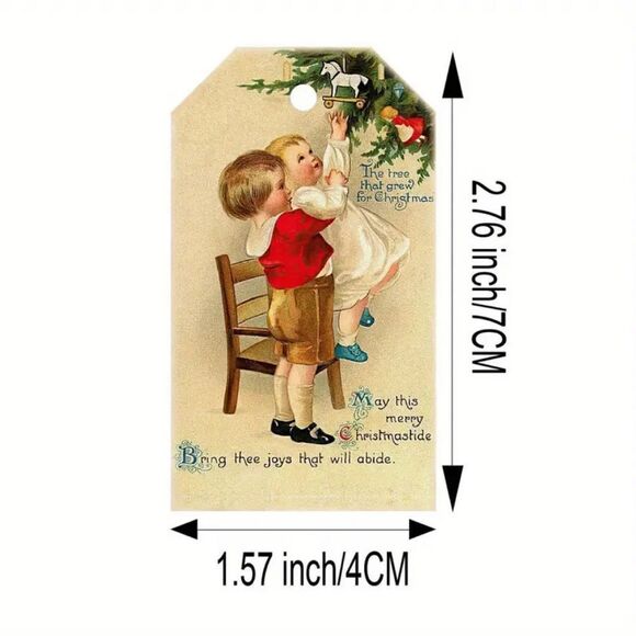 50 Gift Tags Vintage Style Merry Christmas Wishes Paper Blessing Cards w/ Twine - Picture 3 of 8